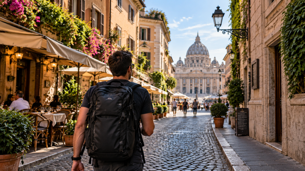 Solo traveller exploring a city with a backpack