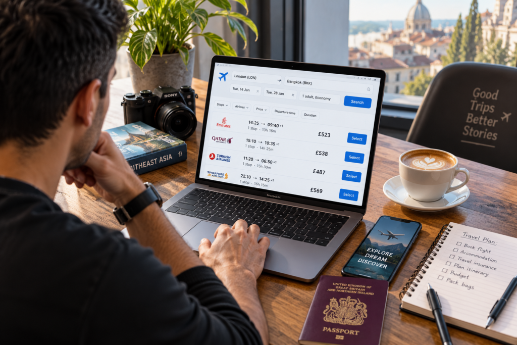 Solo traveller comparing flights online for a first solo trip