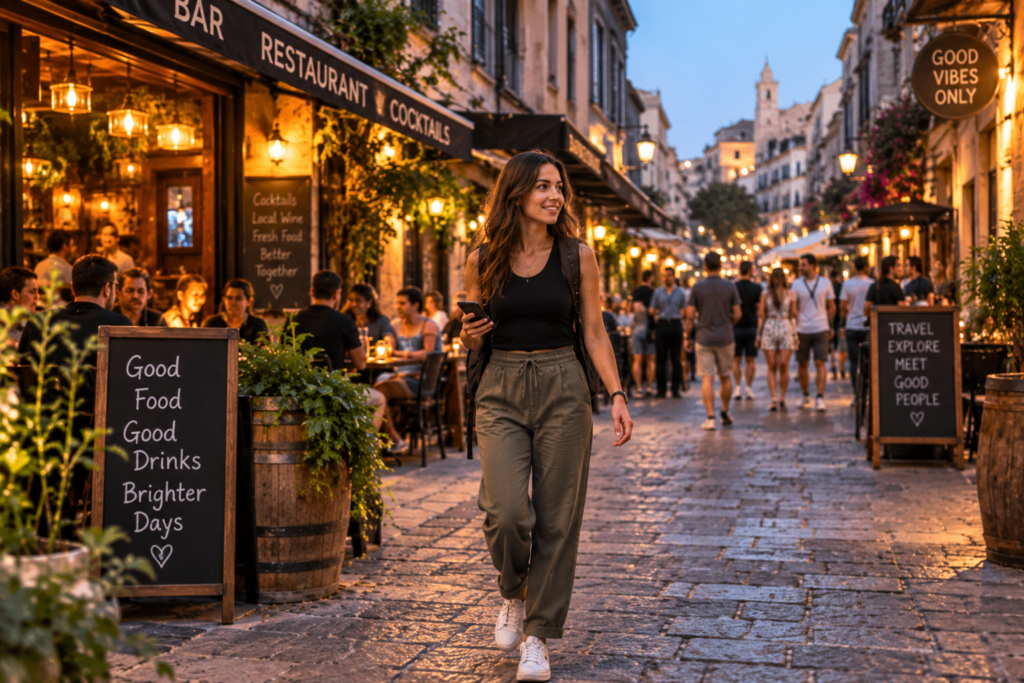 Solo female traveller walking through a busy street with restaurants and bars