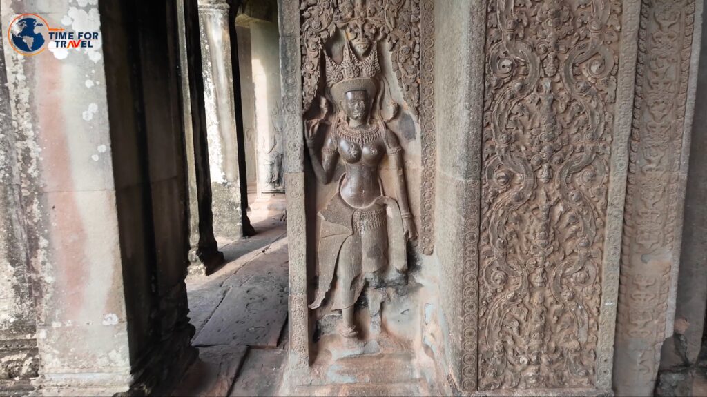 Detailed stone carving inside Angkor Wat temple, Cambodia