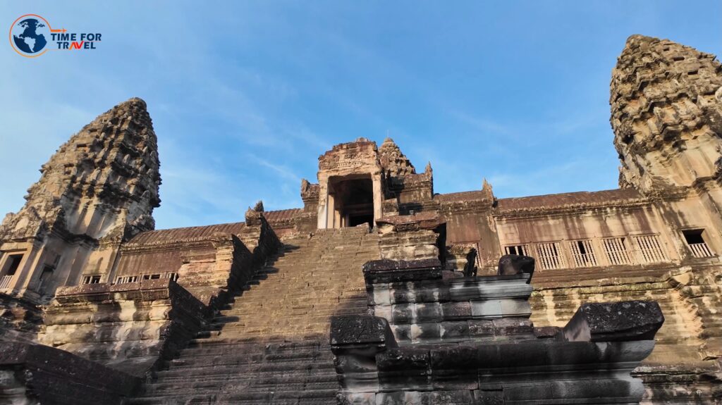 Steep stone steps leading to the central sanctuary of Angkor Wat, Cambodia