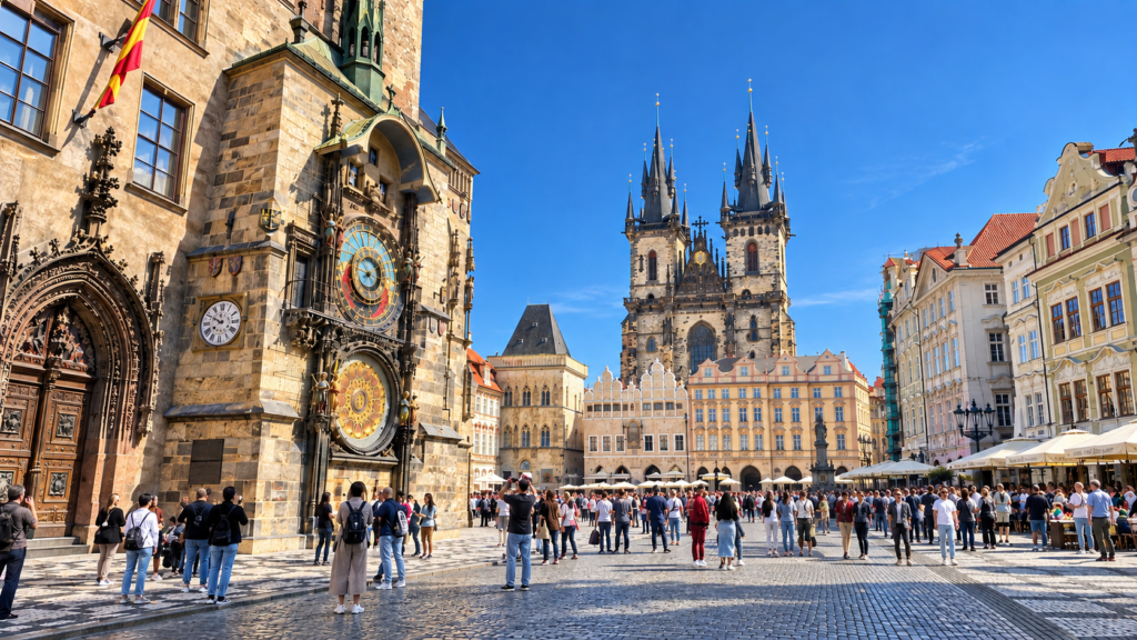 Prague Old Town Square with the Astronomical Clock and Church of Our Lady before Týn