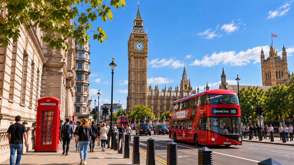 Big Ben, Houses of Parliament, red telephone box and London bus