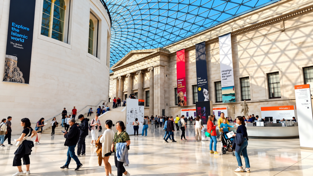 The Great Court inside the British Museum in London, featuring its spectacular glass roof, historic architecture and visitors exploring the museum.