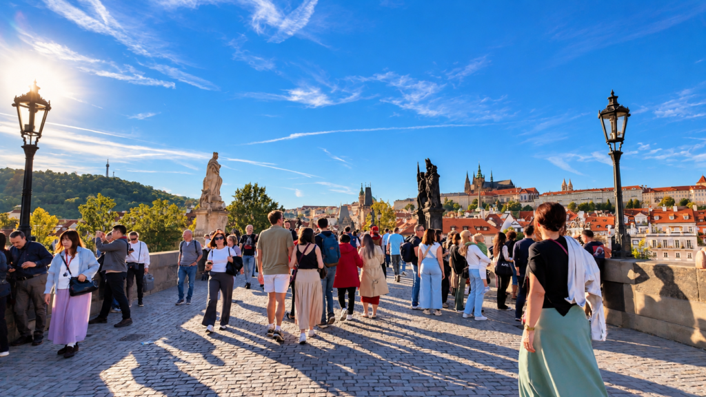 Tourists walking across Charles Bridge in Prague, with historic statues, cobblestone pavement and Prague Castle in the background.