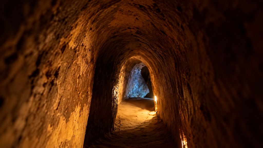 Inside the narrow underground Cu Chi Tunnels in Vietnam, showing the earthen walls and dimly lit passageway.