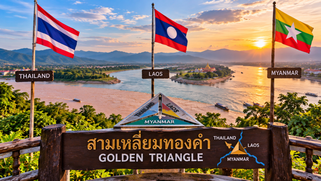 Golden Triangle in Chiang Rai, Thailand, where Thailand, Laos and Myanmar meet at the Mekong River, with scenic mountain views and national flags.
