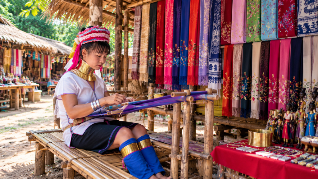 Kayan woman wearing traditional brass neck rings weaving colourful textiles at the Long Neck Karen Village near Chiang Rai, Thailand.