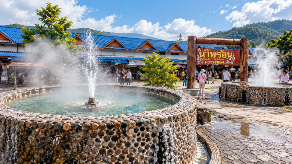 Mae Kachan Hot Springs in Chiang Rai, Thailand, featuring steaming geothermal pools, water fountains and the traditional wooden hot spring sign.
