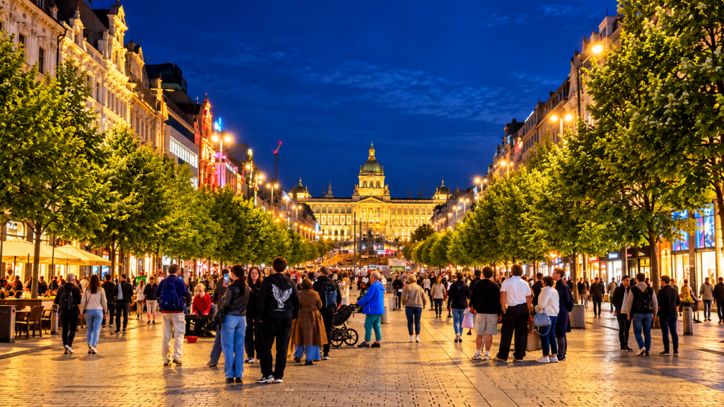 Wenceslas Square in Prague at night, with illuminated buildings, pedestrians and the National Museum in the background.
