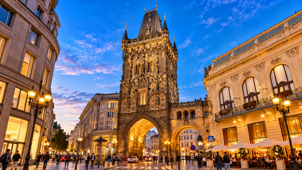 Prague’s historic Powder Tower illuminated at dusk, featuring Gothic architecture, a glowing archway and surrounding buildings under a blue evening sky.