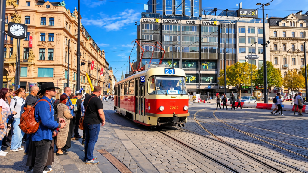 A red and cream vintage tram travelling through central Prague, with pedestrians waiting beside the tracks and historic buildings in the background.