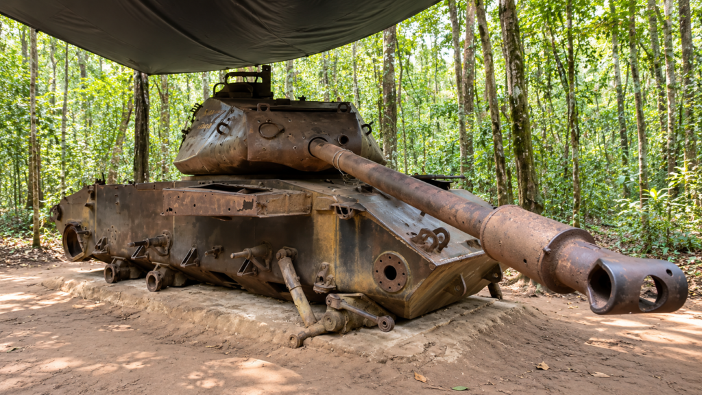 Historical war-damaged tank displayed at the Cu Chi Tunnels site near Ho Chi Minh City, Vietnam.