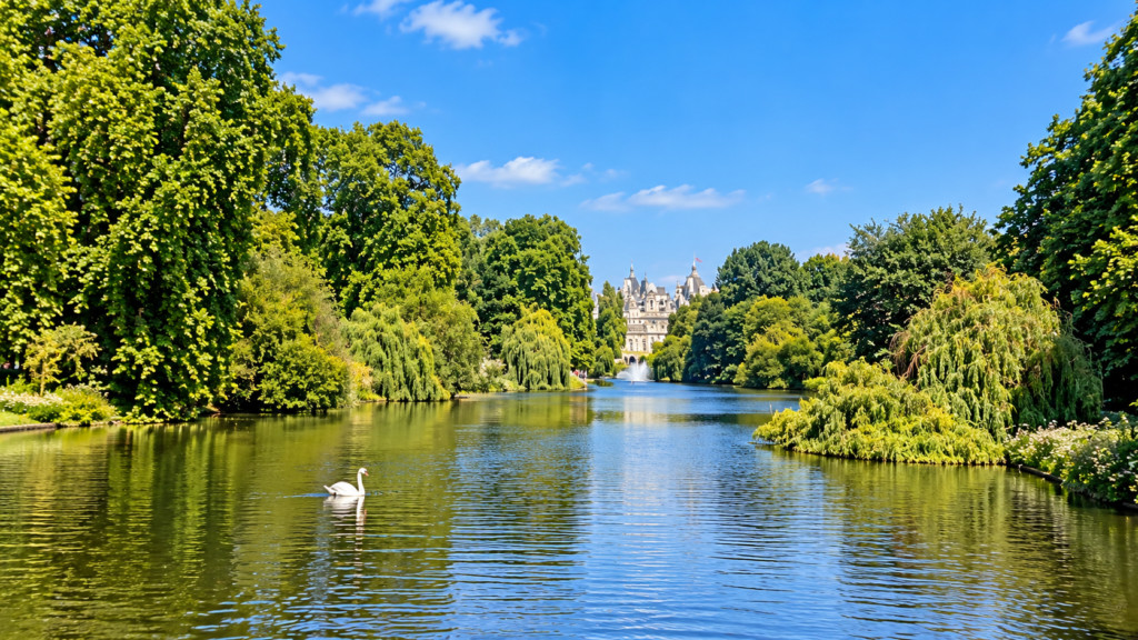 Peaceful lake in St James’s Park, London, surrounded by green trees with a white swan swimming on the water.