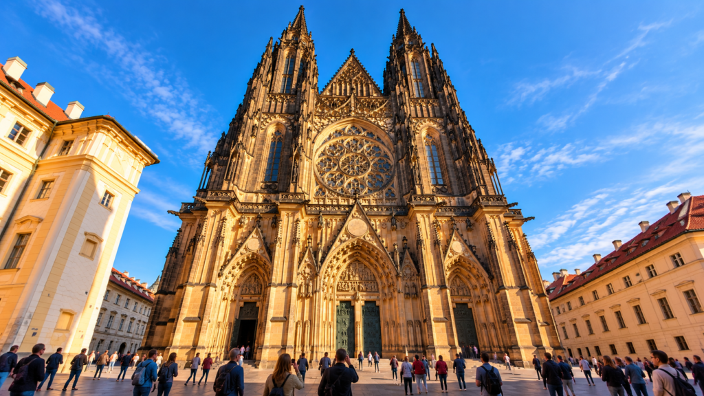 St. Vitus Cathedral in Prague Castle, featuring its magnificent Gothic architecture, twin towers and large rose window under a blue sky.