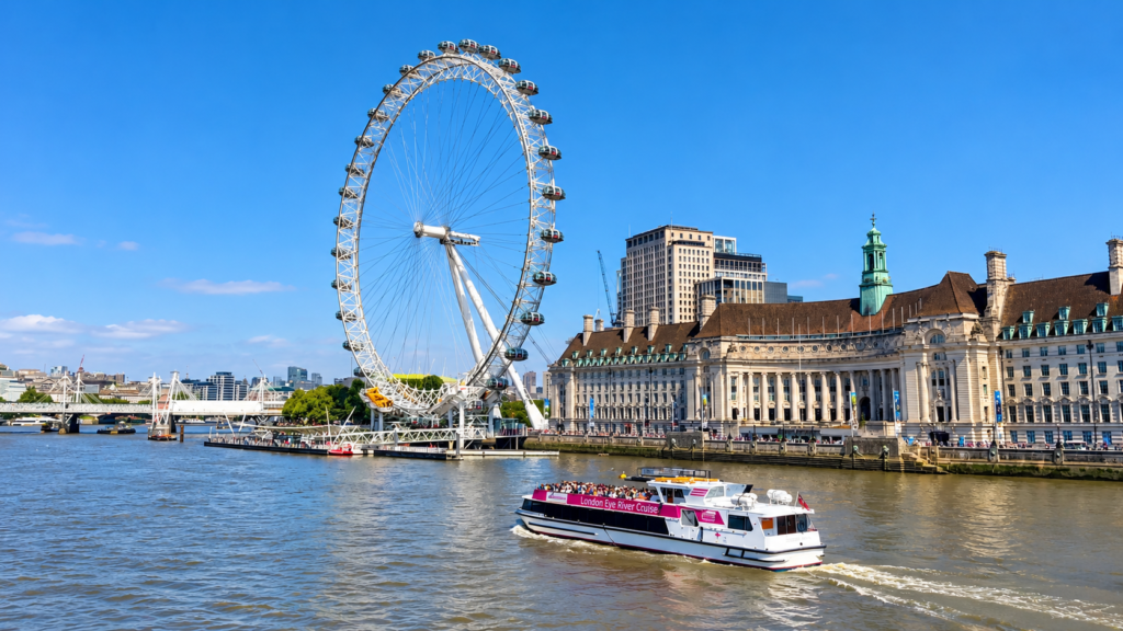 London Eye overlooking the River Thames, with County Hall and a sightseeing boat in London.