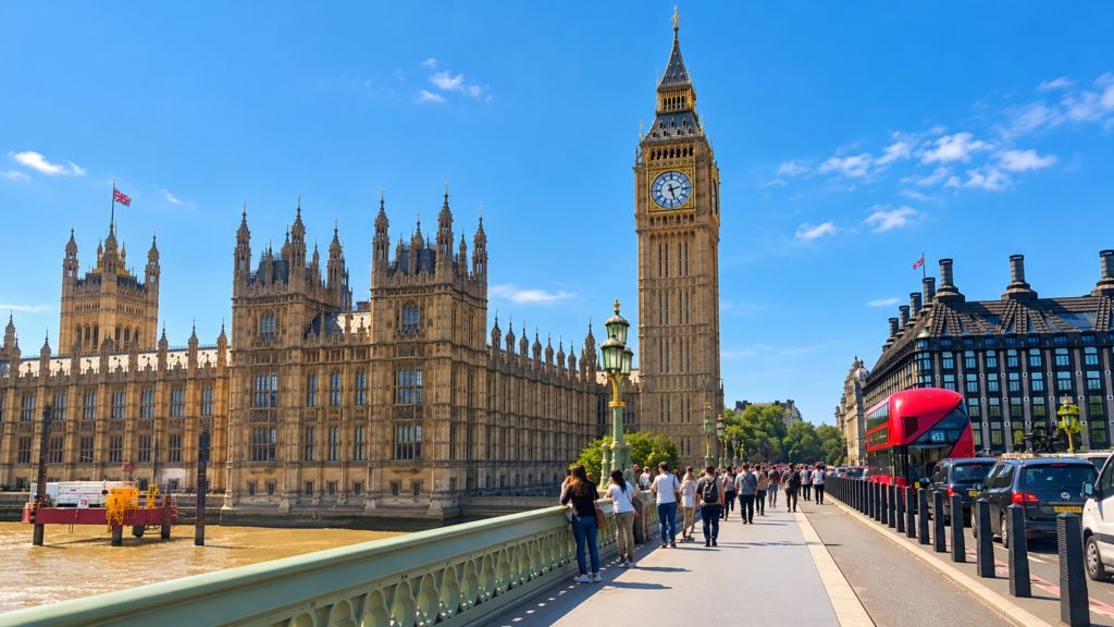 Big Ben and the Houses of Parliament viewed from Westminster Bridge, with a red double-decker bus in London.