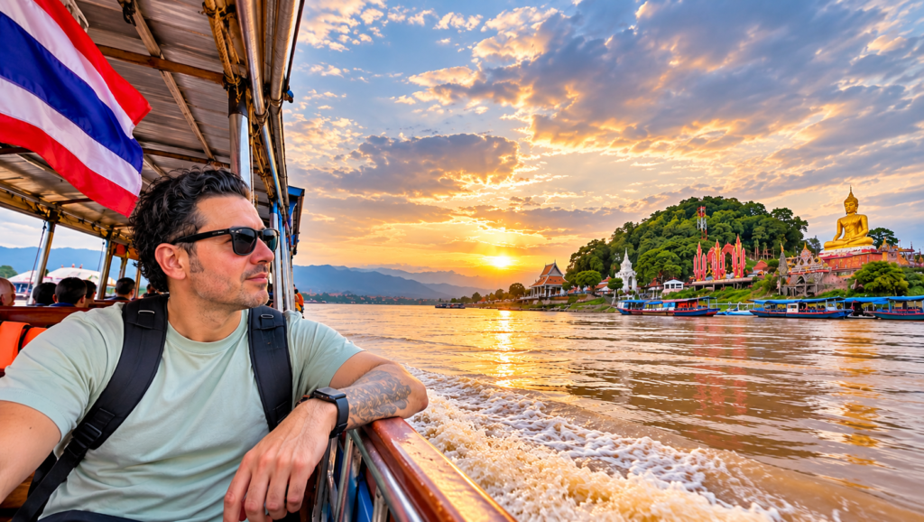 Mekong River boat ride at the Golden Triangle in Chiang Rai, Thailand, near the borders of Laos and Myanmar.