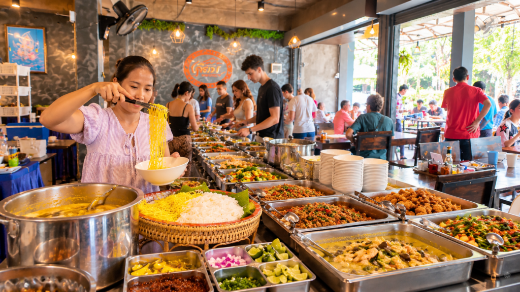 Thai buffet lunch with noodles, curries and local dishes at a restaurant during a Chiang Rai day trip from Chiang Mai.