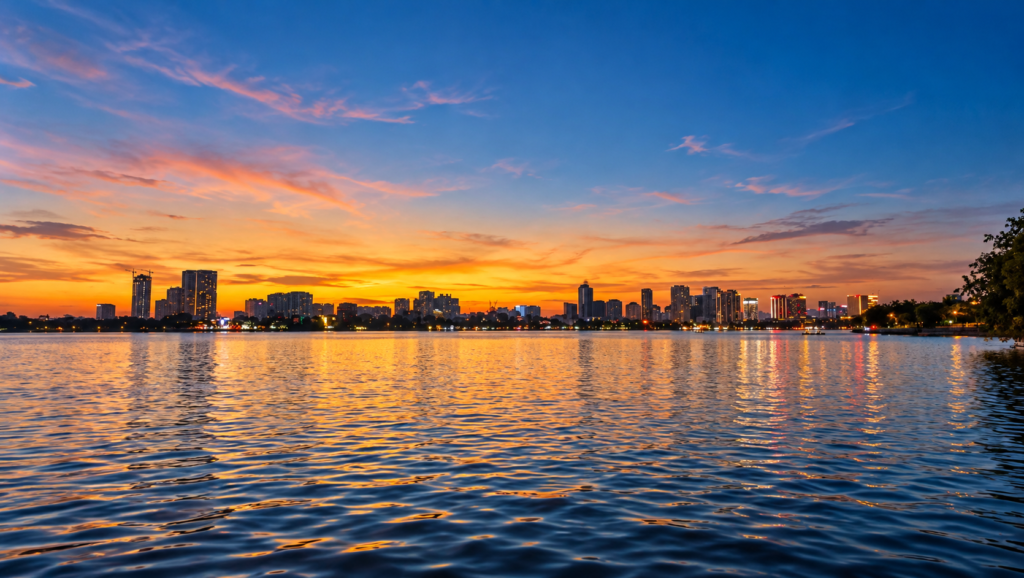 Beautiful sunset over West Lake (Ho Tay) in Hanoi, Vietnam, with the city skyline reflecting on the peaceful water.