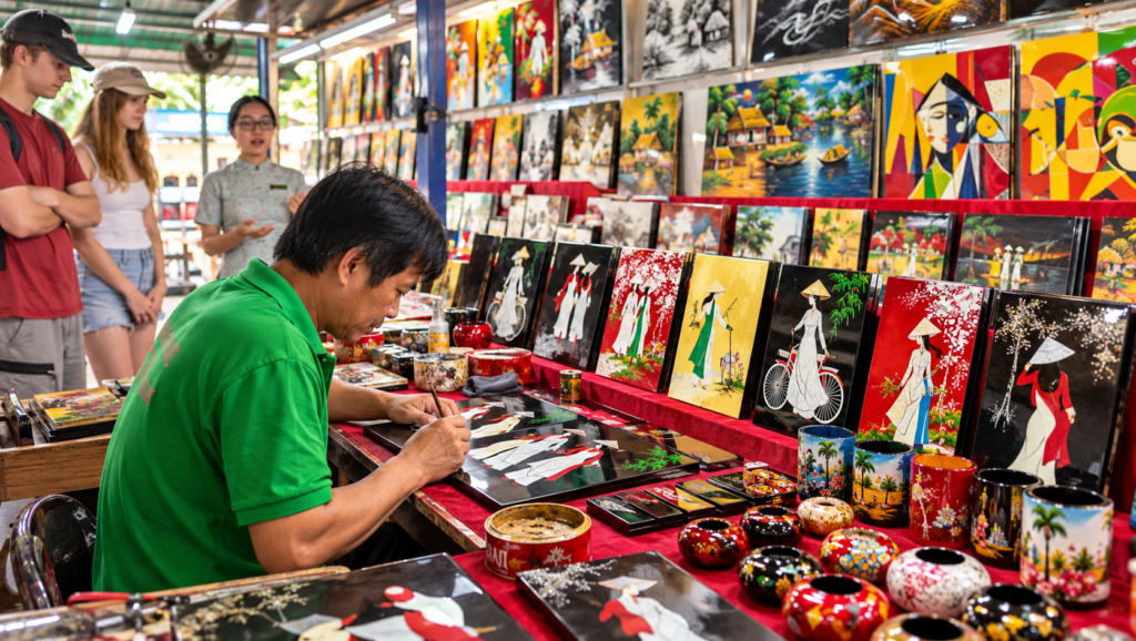 Vietnamese artisan creating traditional lacquer artwork at a handicraft workshop near the Cu Chi Tunnels.