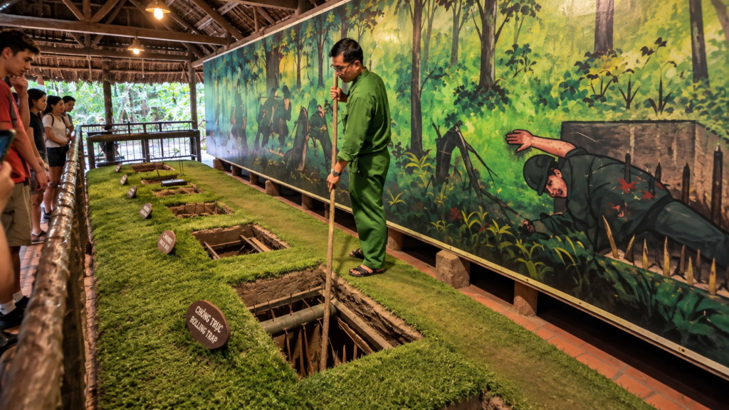 Historical booby traps and trap demonstrations at the Cu Chi Tunnels in Vietnam, with a local guide explaining the displays to visitors.
