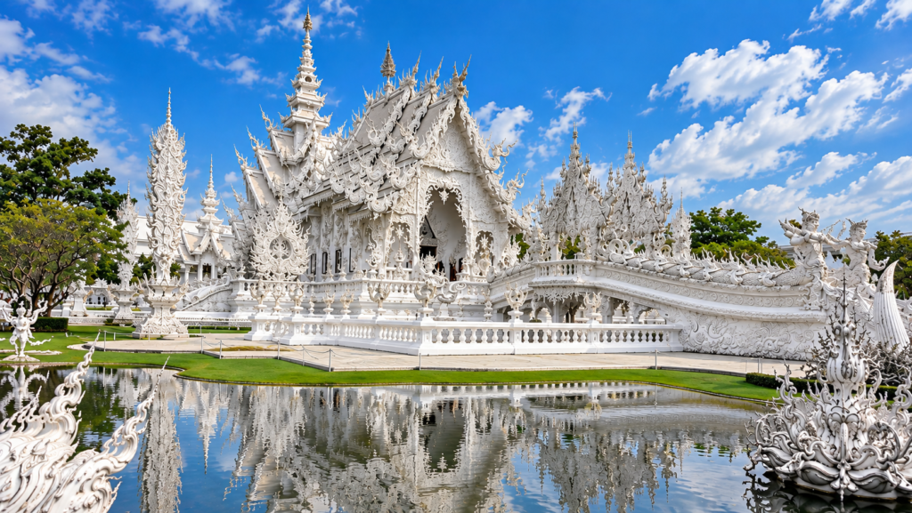 White Temple (Wat Rong Khun) in Chiang Rai, Thailand, reflected in a pond under a blue sky.