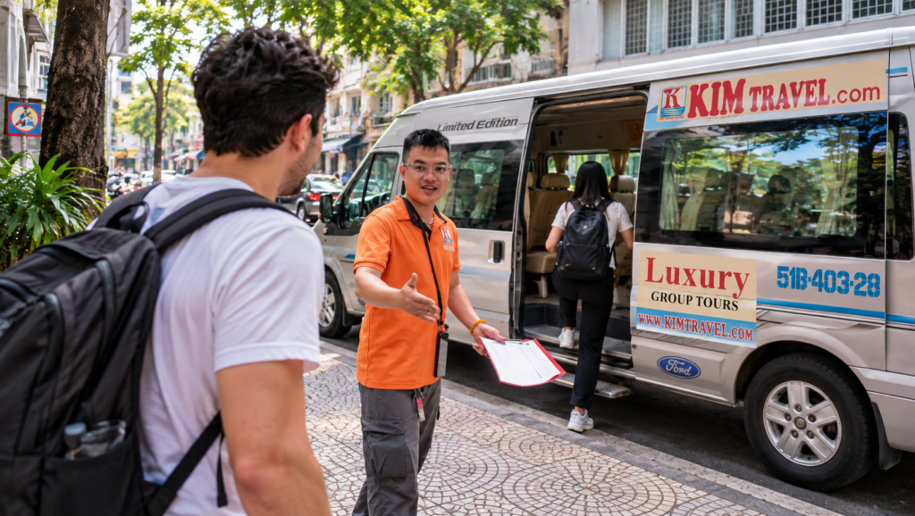 Kim Travel tour guide welcoming travellers to a minivan in Ho Chi Minh City for a Cu Chi Tunnels tour.
