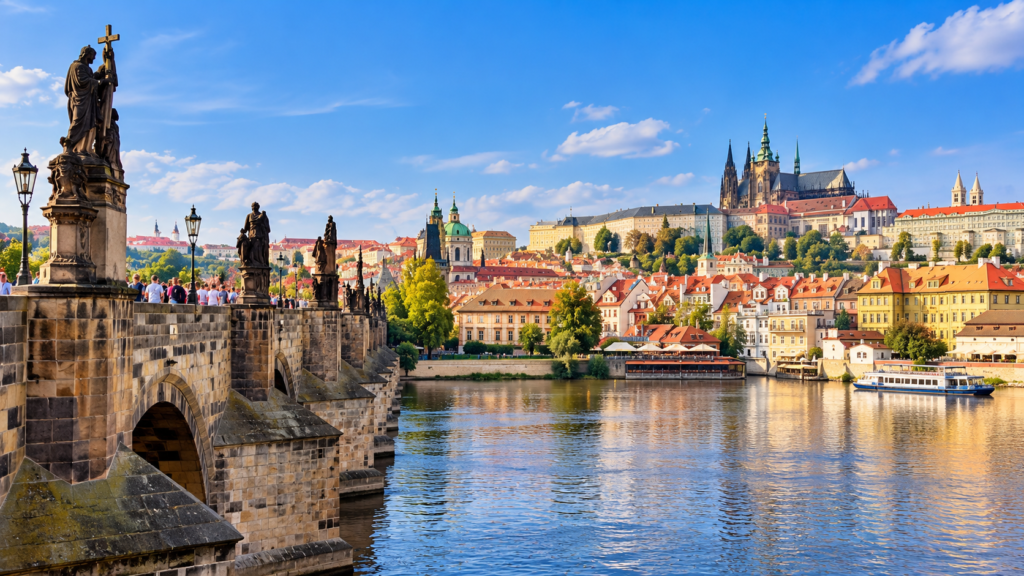 Scenic view of Charles Bridge over the Vltava River with Prague Castle and historic buildings in the background.