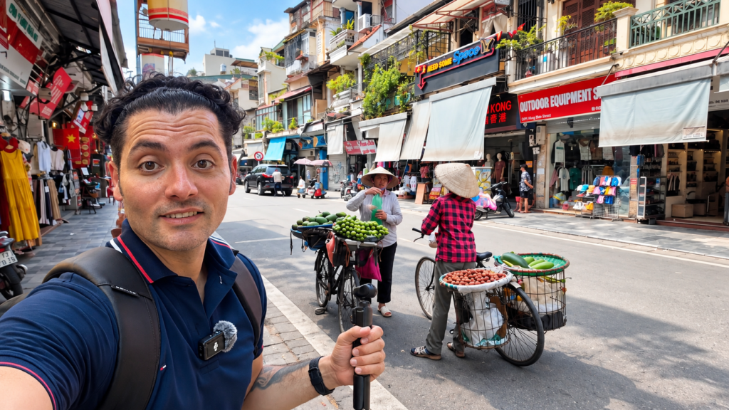 Travel vlogger exploring Hanoi Old Quarter in Vietnam, with local fruit vendors and traditional street markets.